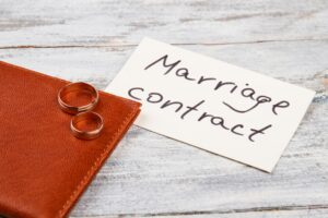 Marriage contract with wedding rings.